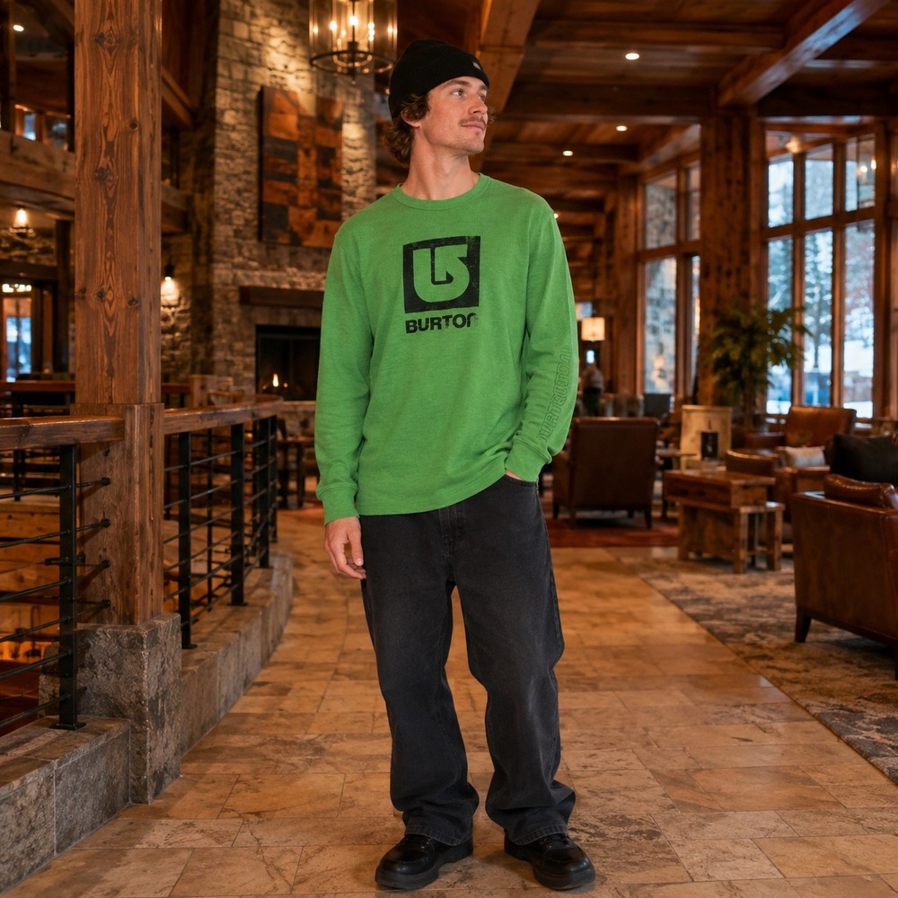Burton Mens XL Green Waffle Knit Long Sleeve Logo Thermal Shirt Snowboard Y2K